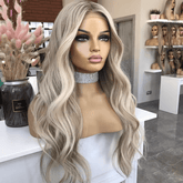 Long Wavy Ash Blonde Voluminous Curls with Dark Roots Glueless Human Hair Wig - Everyday Wigs